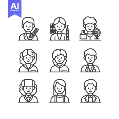 Premium design asset: Diverse Professions - Line Art Illustrations of Various Occupations.