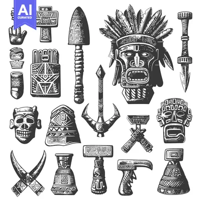 Aset desain premium: Collection of Hand-Drawn Aztec and Mayan Artifacts