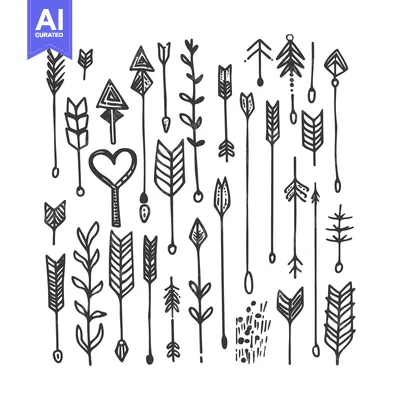 Aset desain premium: Collection of Hand-Drawn Black and White Arrows and Floral Motifs