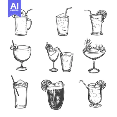 Collection of Hand-Drawn Black and White Cocktails with Straws and Gar
