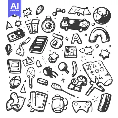 Aset desain premium: Collection of Hand-Drawn Black and White Doodles on a White Background