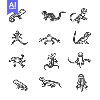 Aset premium populer: Collection of Hand-Drawn Black and White Lizard Illustrations