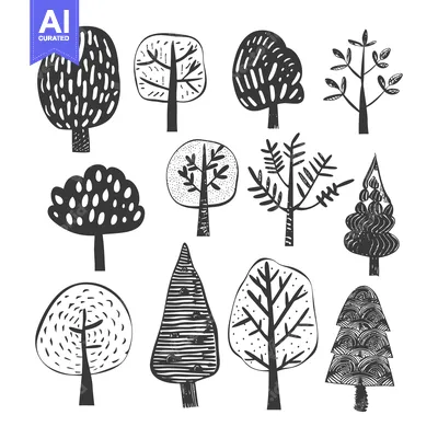 Collection of Hand-Drawn Black and White Trees