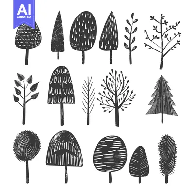 Premium design asset: Collection of Hand-Drawn Black and White Tree Silhouettes