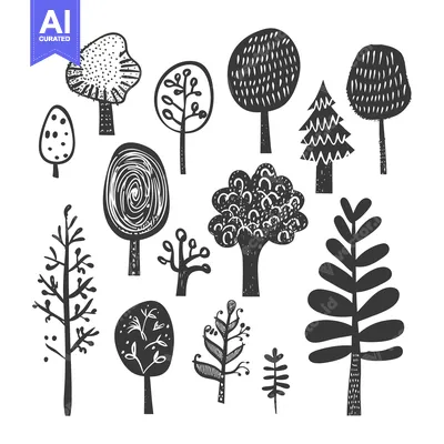 Premium design asset: Collection of Hand-Drawn Black and White Trees with Distinctive Styles