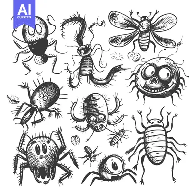 Aset desain premium: Collection of Hand-Drawn Cartoon Insects with Spiky Legs and Big Eyes
