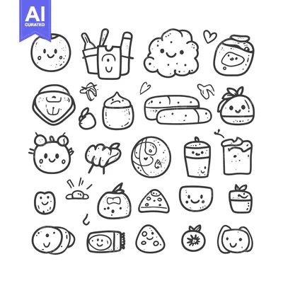 Aset desain premium: Collection of Hand-Drawn Cute Food Items with Smiling Faces