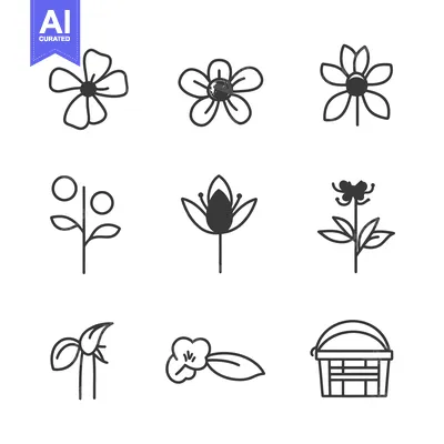 Aset premium populer: Collection of Hand-Drawn Floral and Basket Icons