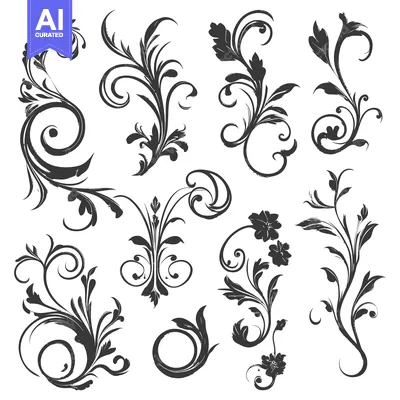 Aset desain premium: Collection of Hand-Drawn Floral Ornaments with Swirls and Flowers