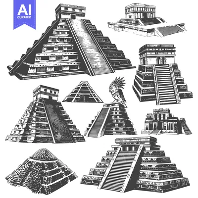 Aset desain premium: Collection of Hand-Drawn Mayan Pyramids and Temples