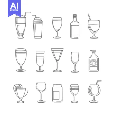 Aset desain premium: Collection of Hand-Drawn Outline Drinkware with Straws