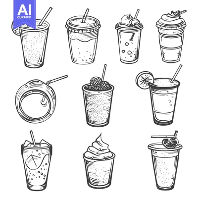 Collection of Hand-Drawn Sketch Illustrations of Various Cold Drinks w
