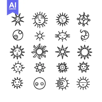 Aset premium populer: Collection of Hand-Drawn Sun Icons with Various Styles and Expressions