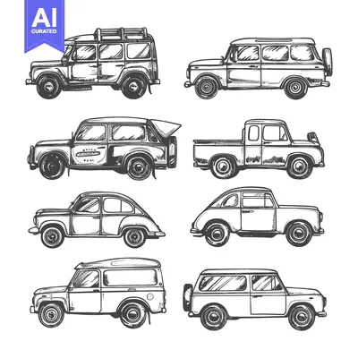 Aset premium populer: Collection of Hand-Drawn Vintage Cars and Trucks
