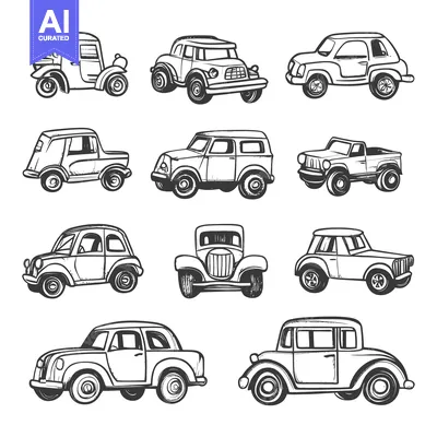 Popular premium asset: Collection of Hand-Drawn Vintage Cars in Outline Style