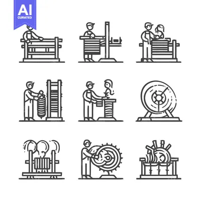 Aset desain premium: Artisan Craftsmanship - Depicting Weaving and Industrial Processes.