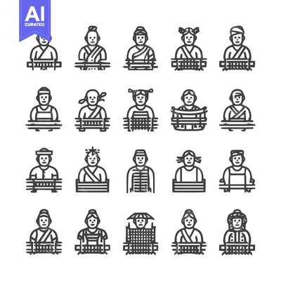 Aset desain premium: Collection of Asian People Icons in Minimalist Style.