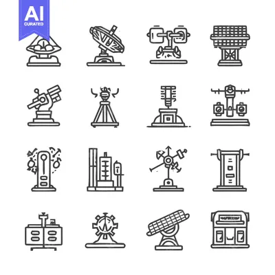 Aset desain premium: Collection of Various Technological and Scientific Equipment Icons.