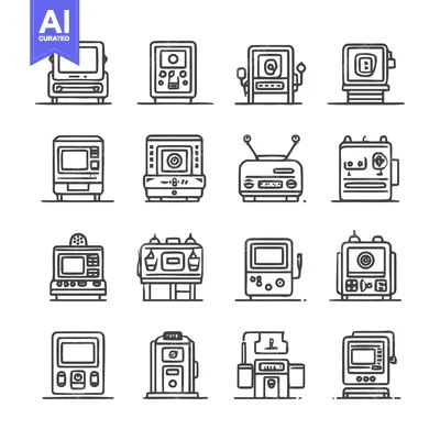 Aset desain premium: Collection of retro-style electronic devices in line art.
