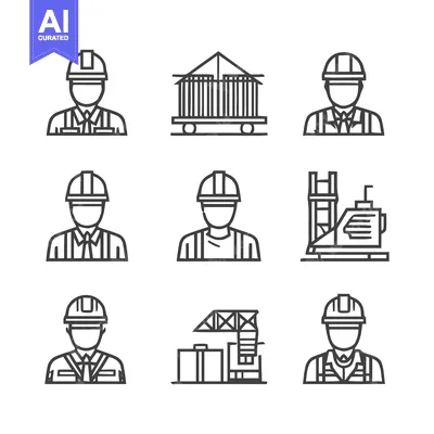 Aset desain premium: Construction workers and building elements in simple line art style.