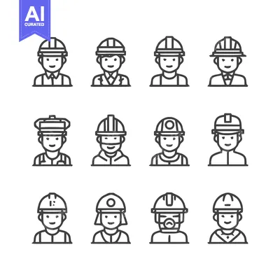 Popular premium asset: Construction Workers - Diverse Line Art Portraits in Safety Helmets.