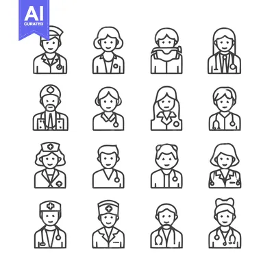Aset desain premium: Medical Professionals - Diverse Line Art Portraits of Healthcare Worke