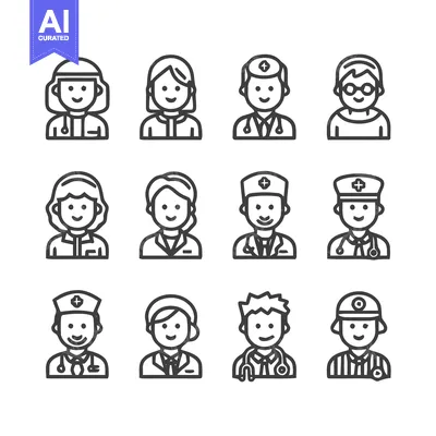 Aset desain premium: Medical Professionals - Diverse Line Art Icons for Healthcare.