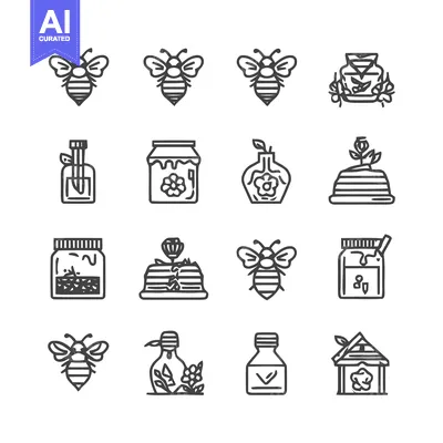 Premium design asset: Bee-themed vector icons for honey and related products.