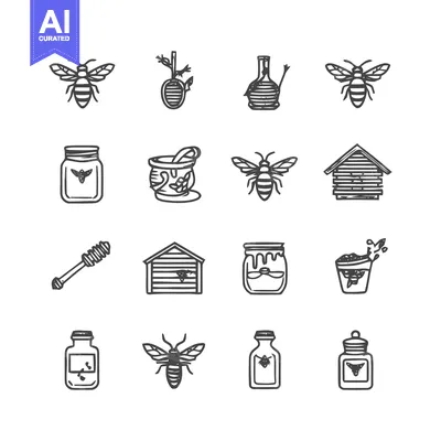 Aset desain premium: Bee-themed vector illustrations - Honey, bees, and related objects.