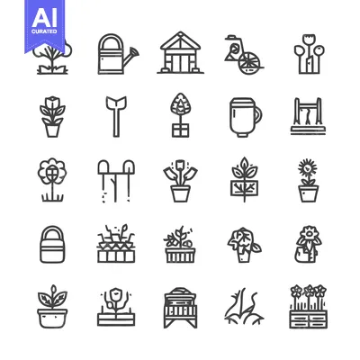 Aset desain premium: Garden and Gardening Tools and Plants Line Art Icons.