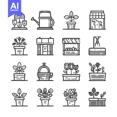 Aset premium populer: Collection of Garden and Plant Icons in Minimalist Style.