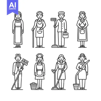Premium design asset: Line art illustrations of cleaning staff and maids.