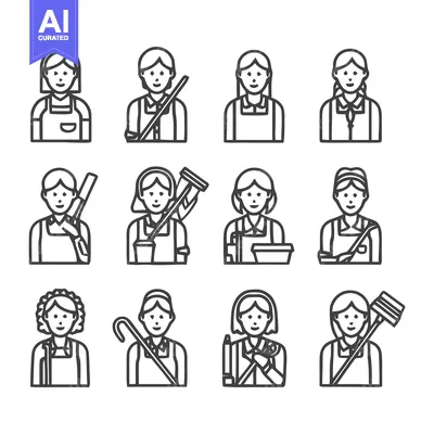 Cleaning Lady Icons - A Collection of Housekeeping Illustrations.