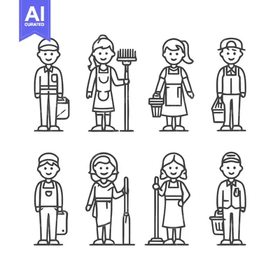 Premium design asset: Line art illustrations of various cleaning service workers.