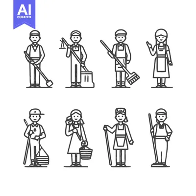 Aset desain premium: Cleaners in Uniforms - A Collection of Cleaning Professionals.