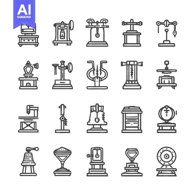 Aset premium populer: Collection of vintage machines and devices in line art style.