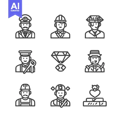 Aset premium populer: Diverse Professions and Precious Gemstone Icons in Line Art Style.