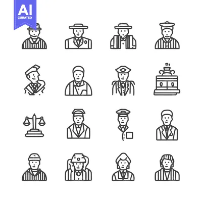 Aset premium populer: Collection of Line Art Icons Depicting Various Professions.