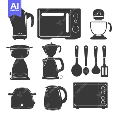 Premium design asset: Collection of Kitchen Appliances in Black Silhouettes
