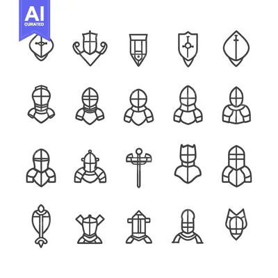 Aset desain premium: Collection of Knight and Shield Icons in Line Style
