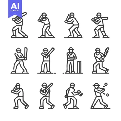 Aset premium populer: Cricket action poses - Line art illustrations of players.