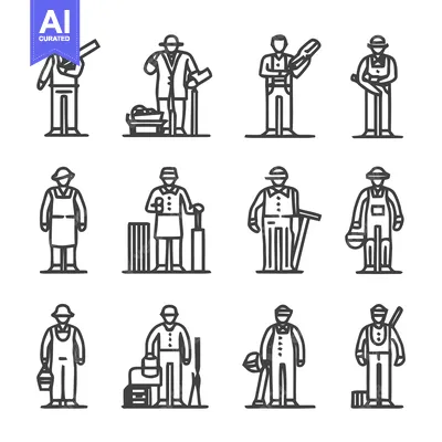 Aset desain premium: Diverse Line Art Illustrations of Various Professions and Occupations.
