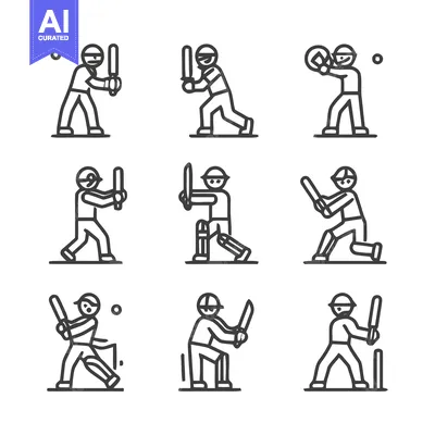 Aset desain premium: Cricket Players in Action - A Collection of Line Art Illustrations.