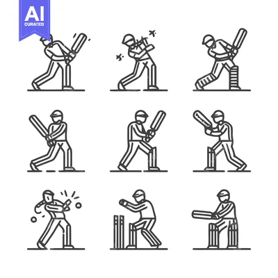 Aset premium populer: Cricket Players in Action - A Collection of Line Art Illustrations.