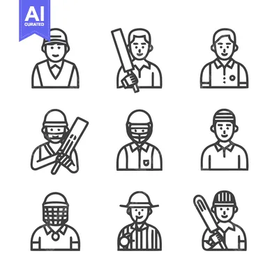 Aset premium populer: Cricket Players and Officials - Line Art Icons Set.