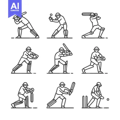 Premium design asset: Cricket Players in Action - A Collection of Line Art Illustrations.