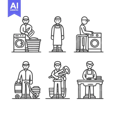 Laundry and cleaning service workers in line art style.