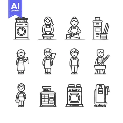 Aset premium populer: Cleaning and Laundry Service Icons - A Comprehensive Collection.