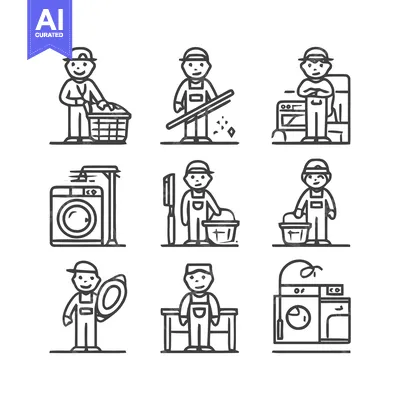 Aset desain premium: Cleaning Service Workers in Various Actions and Poses.
