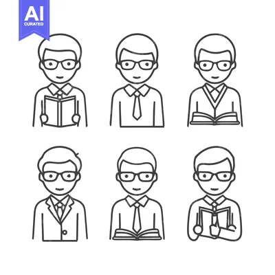 Aset premium populer: Six illustrations of a person with glasses reading a book.